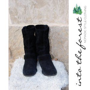 Clarks Indigo Black Suede Slouch Mid Calf Moto Buckle Low Heel Boots Size 8